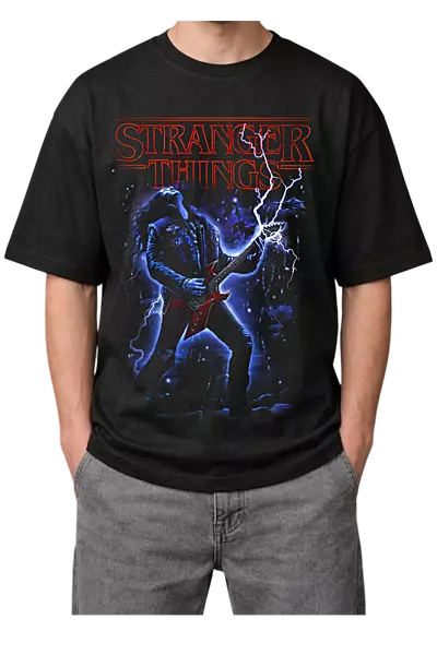Stranger Things Eddie Munson Guitar Lightning Print Oversized Mens Black T-Shirt