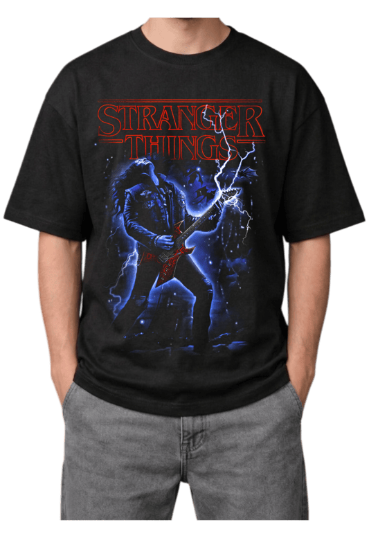 Stranger Things Eddie Munson Guitar Lightning Print Oversized Mens Black T-Shirt