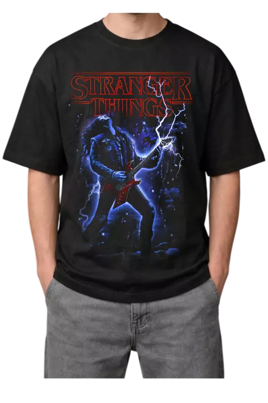 Stranger Things Eddie Munson Guitar Lightning Print Oversized Mens Black T-Shirt