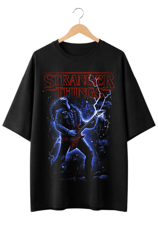 Stranger Things Eddie Munson Guitar Lightning Print Oversized Mens Black T-Shirt