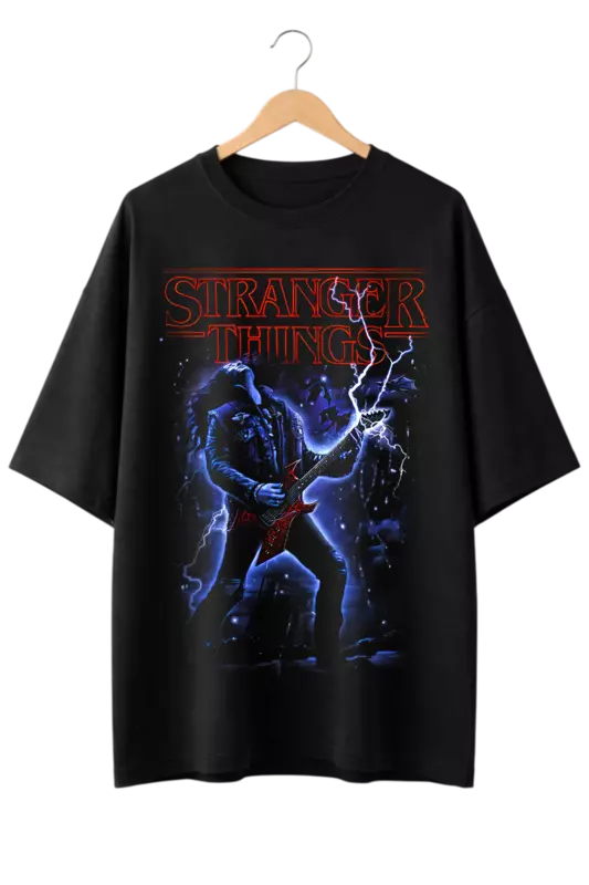 Stranger Things Eddie Munson Guitar Lightning Print Oversized Mens Black T-Shirt