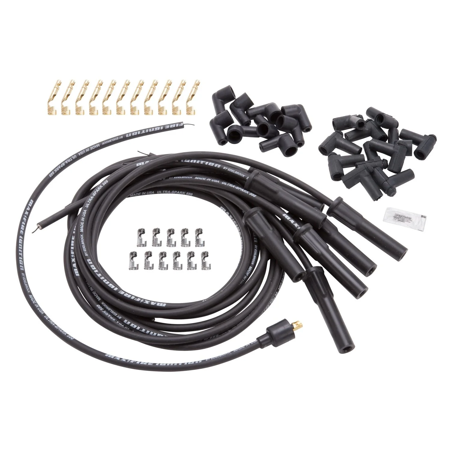 Edelbrock 22700 Spark Plug Set Universal Flex Boots 500 ohm Resistance 8.65mm Black Wire (Set of 9)