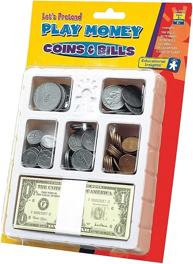 Educational Insights Play Money Coins & Bills Tray, Set of 200 Pieces of Play Money for Classroom or Home