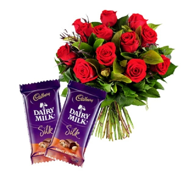 10 Red rose with 2 dairy milk 10 Red rose with 2 dairy milk
