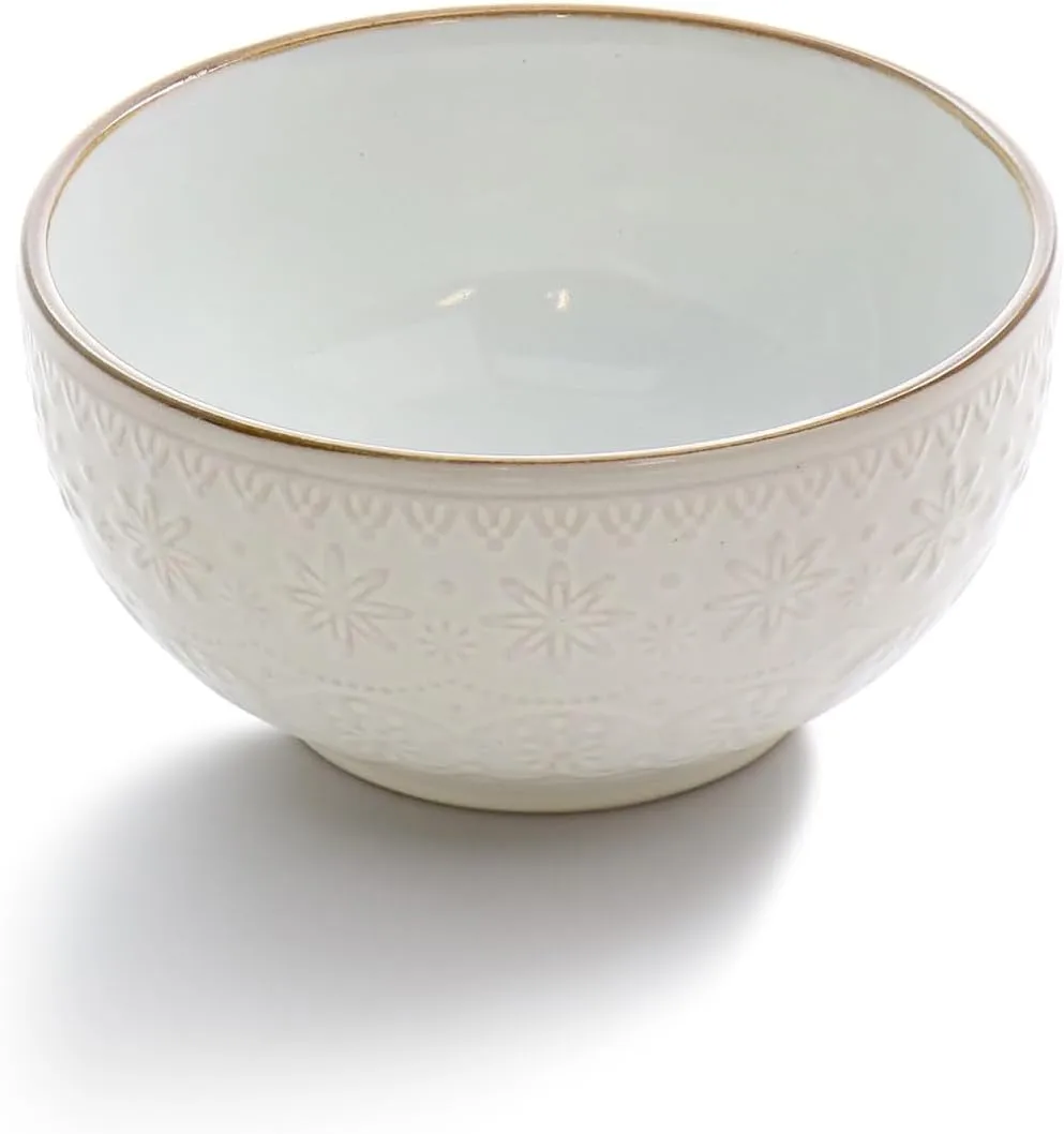 Elama Countess 16 Piece Embossed Double Bowl Stoneware Dinnerware Set in Ivory