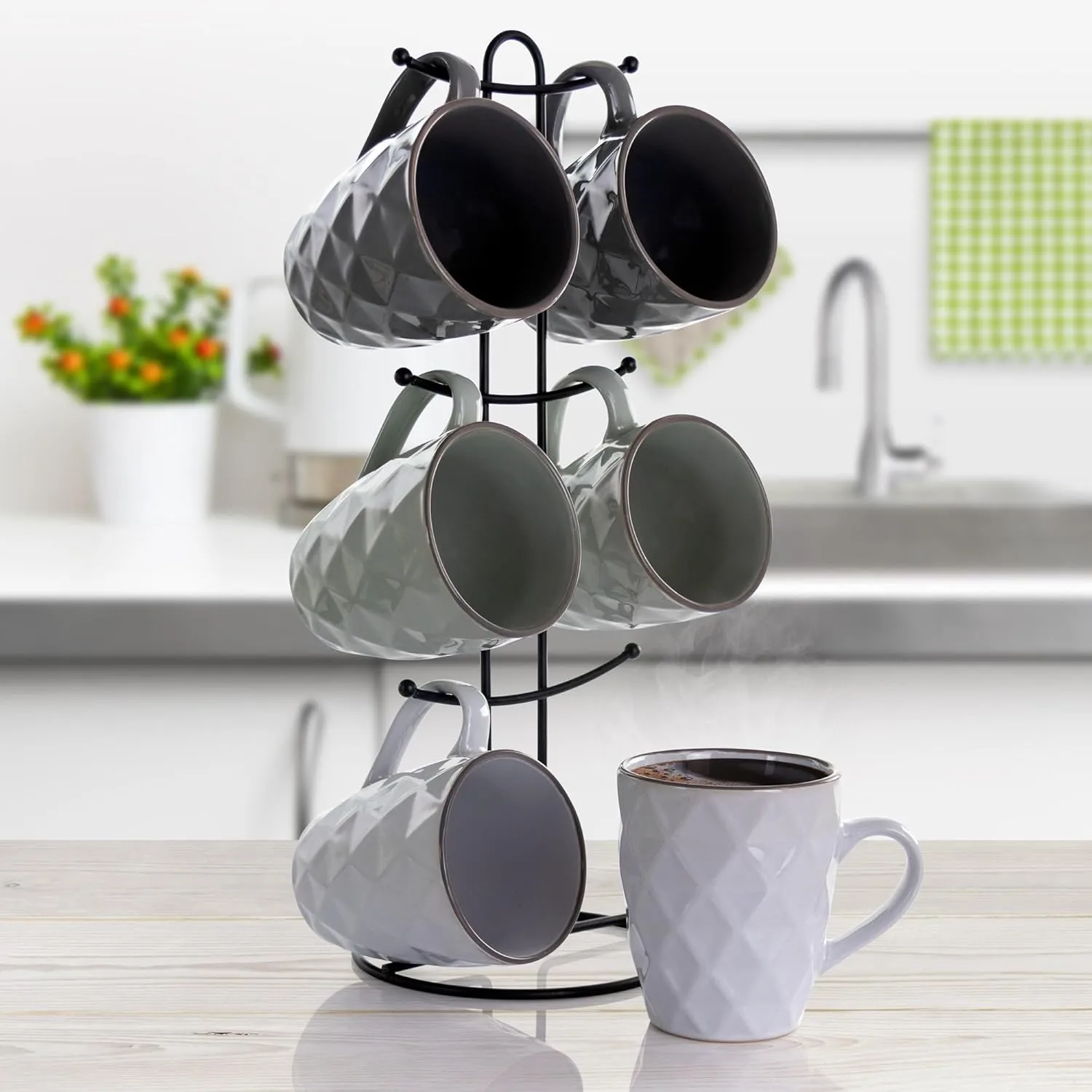 Elama Diamond Waves 6-Piece Stoneware Mug Set, 12 oz, Assorted Colors