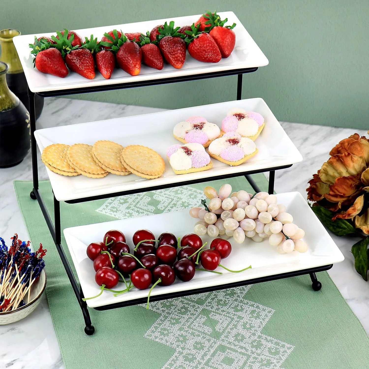 Elama 3-Tier Porcelain Serveware Set with Metal Rack