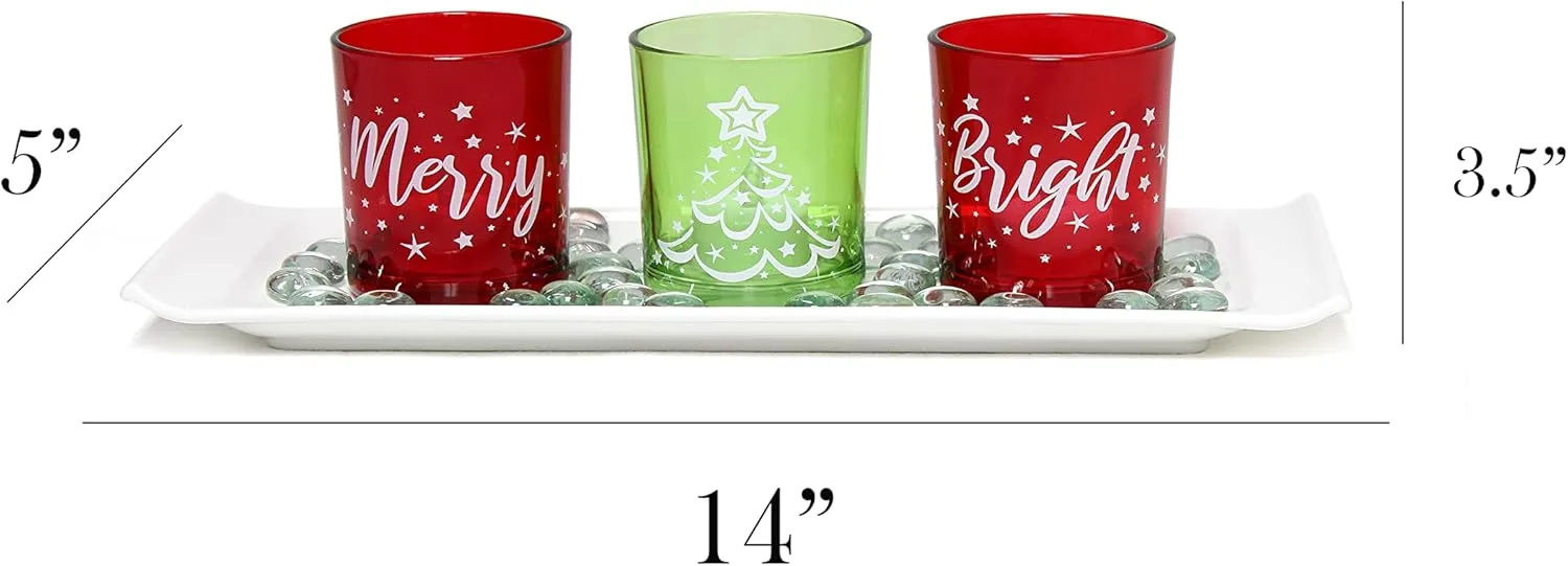 Elegant Designs HG5000-GAR Christmas Décor Winter Wonderland Decoration Glass Candle Set of 3 with Tray and Beads