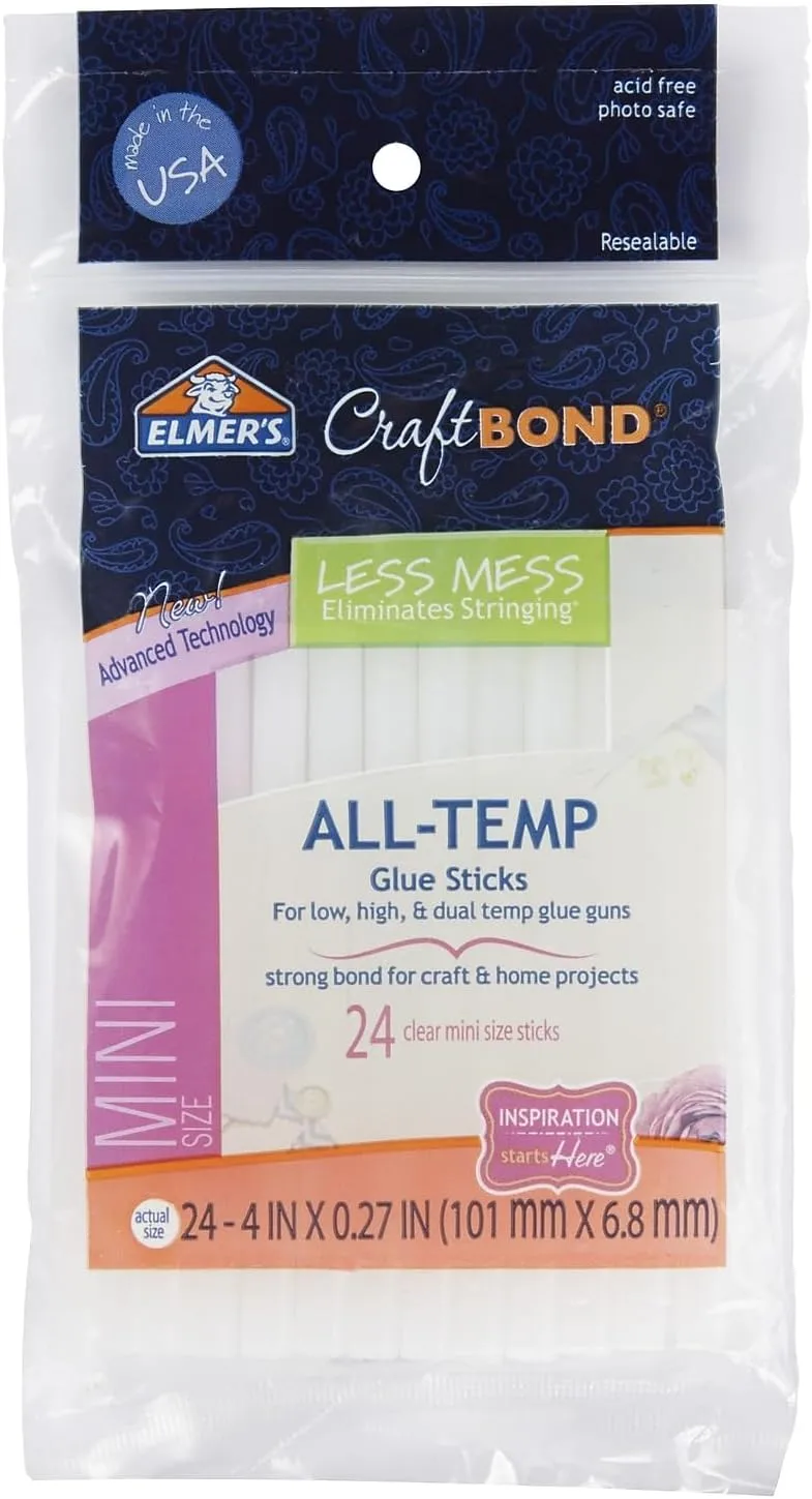 Elmer’s CraftBond Less Mess All-Temp Mini Glue Sticks, 4” x 0.27”, 1 Pack of 24 Sticks