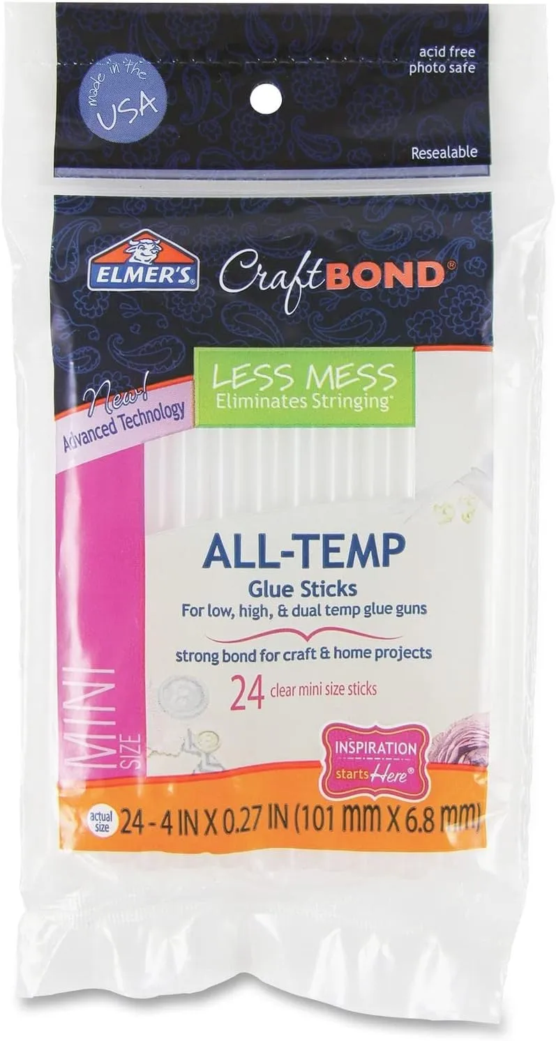 Elmer’s CraftBond Less Mess All-Temp Mini Glue Sticks, 4” x 0.27”, 1 Pack of 24 Sticks