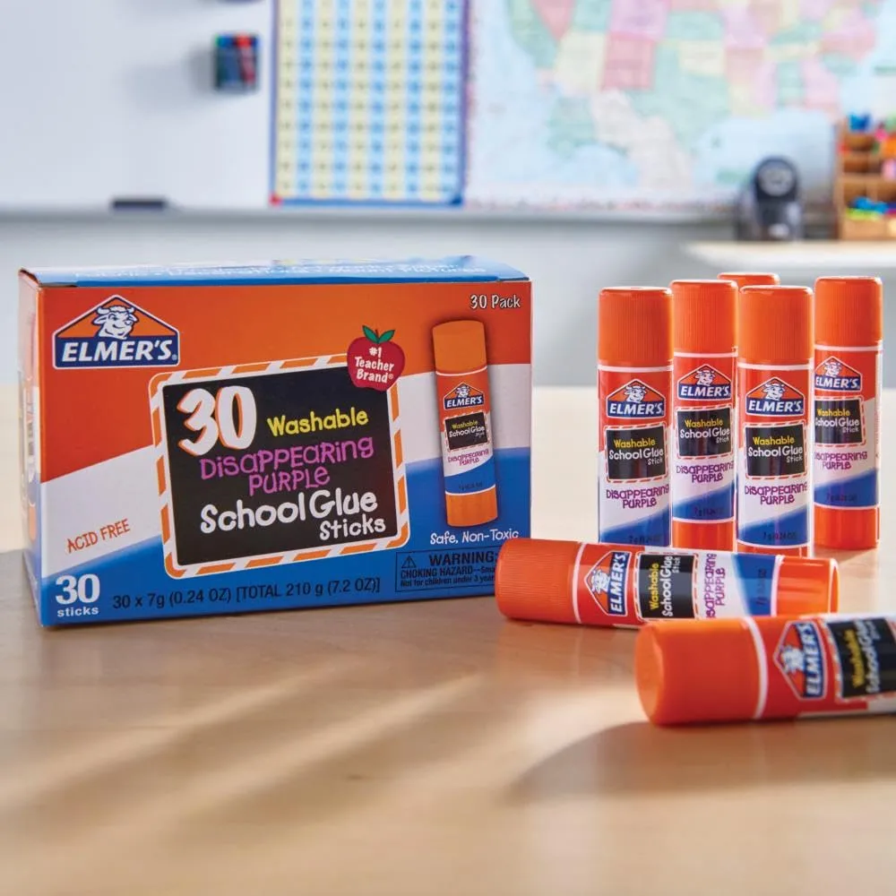 Elmer's Disappearing Purple School Glue Sticks Washable 7 Grams 30 Count Standard Stick 30 Count, 7g sticks