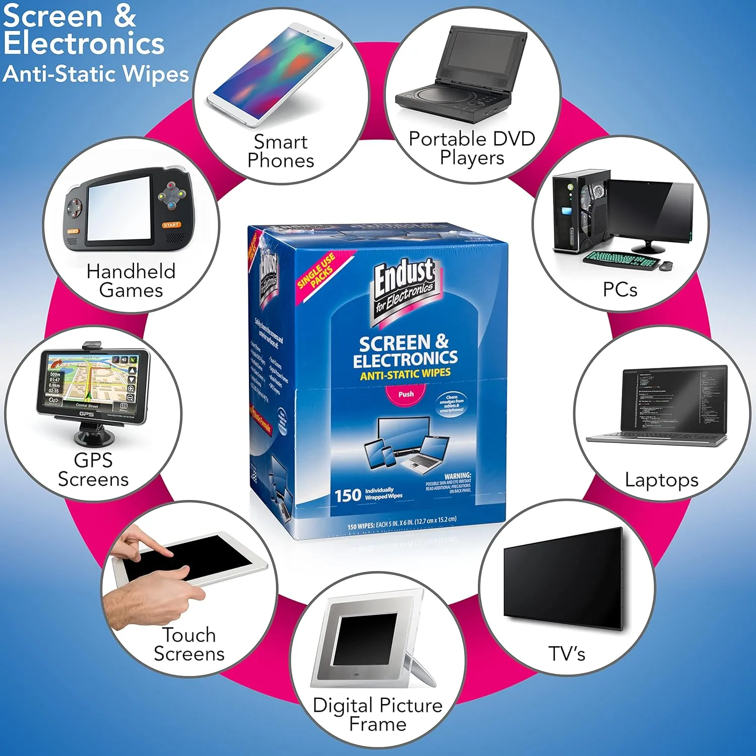 Endust for Electronics; Individually Wrapped, Portable, Anti-Static, Screen & Electronics Cleaning Wipes; 150 Count (14316)