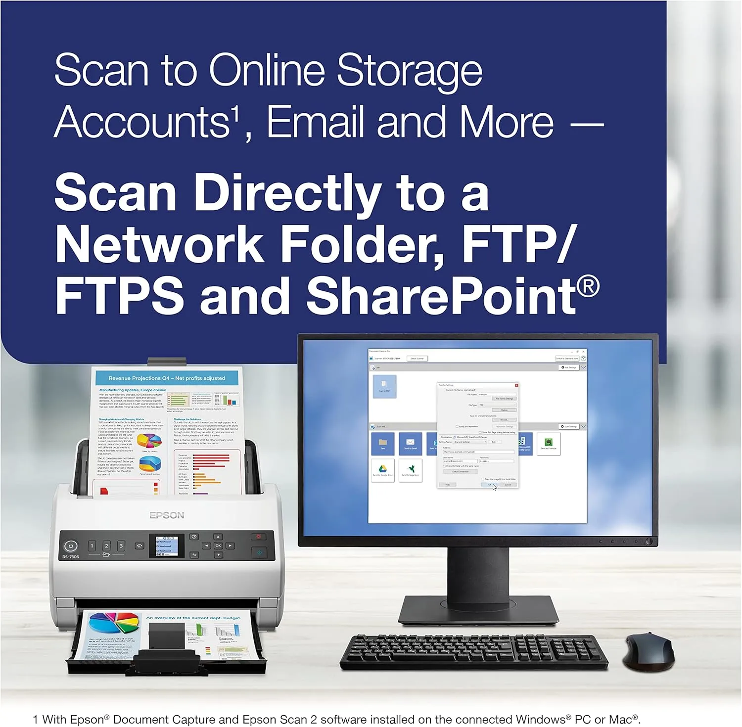 Epson DS-730N Network Color Document Scanner, 100-page ADF, Duplex Scanning
