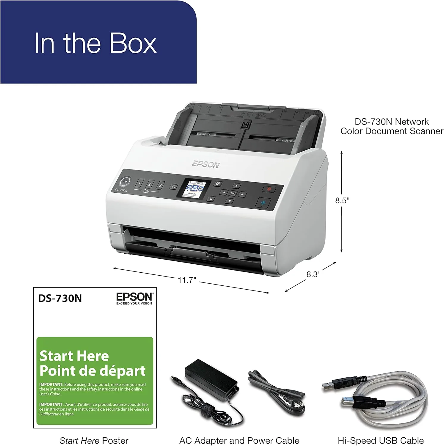 Epson DS-730N Network Color Document Scanner, 100-page ADF, Duplex Scanning
