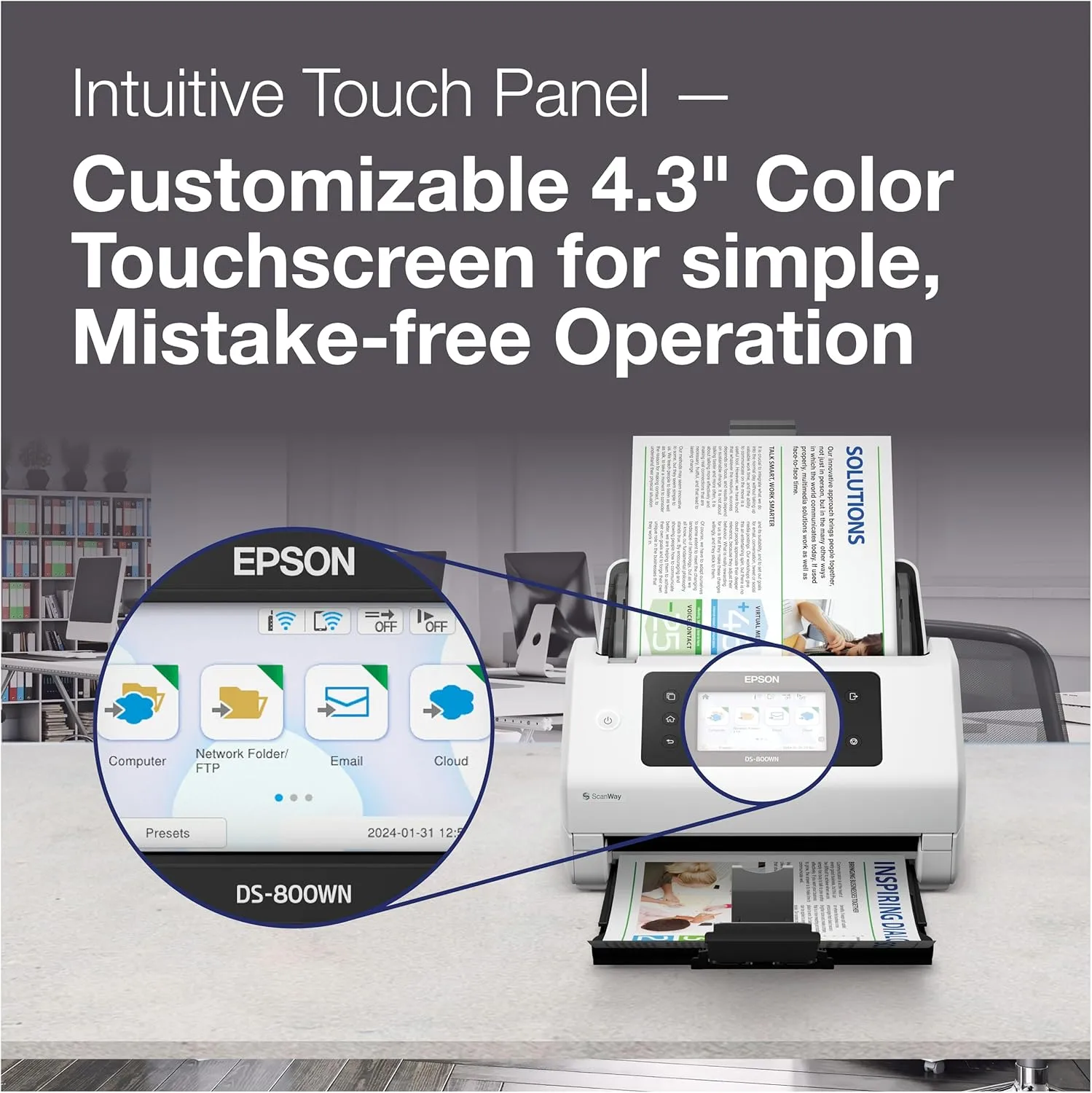 Epson DS-800WN EdgeLink Wireless Network Color Document Scanner with Duplex Scanning, PC-Free Scanning, 100-page Auto Document Feeder (ADF) and 4.3" Color Touchscreen