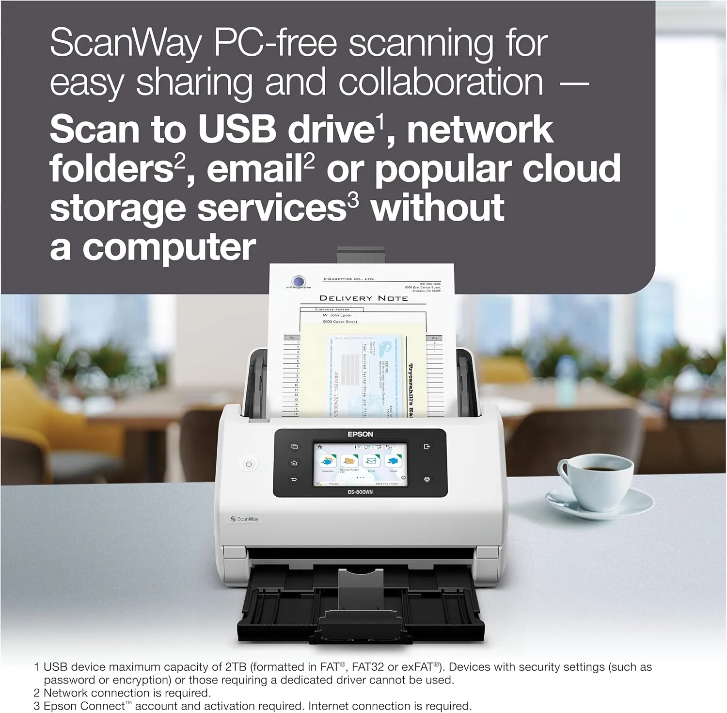 Epson DS-800WN EdgeLink Wireless Network Color Document Scanner with Duplex Scanning, PC-Free Scanning, 100-page Auto Document Feeder (ADF) and 4.3" Color Touchscreen