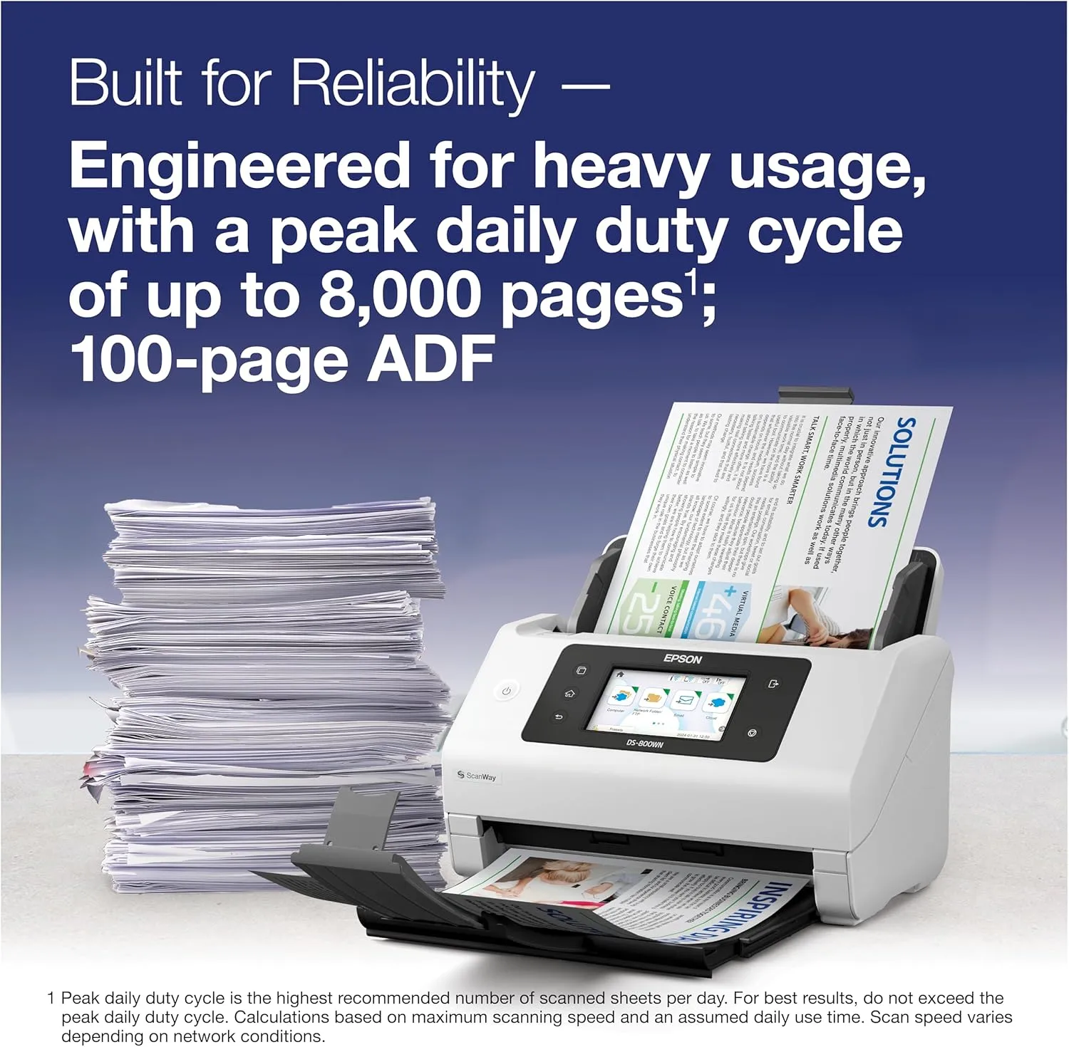 Epson DS-800WN EdgeLink Wireless Network Color Document Scanner with Duplex Scanning, PC-Free Scanning, 100-page Auto Document Feeder (ADF) and 4.3" Color Touchscreen