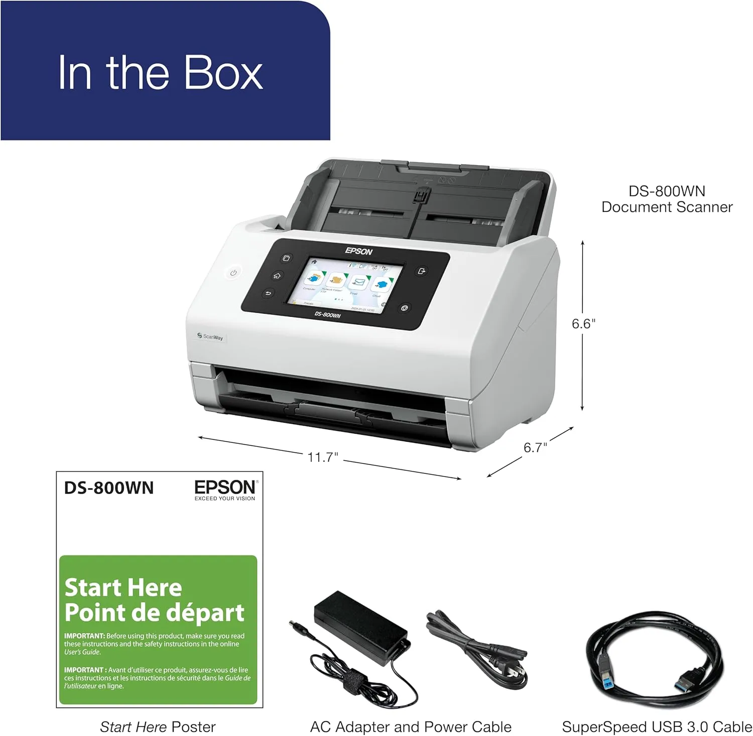 Epson DS-800WN EdgeLink Wireless Network Color Document Scanner with Duplex Scanning, PC-Free Scanning, 100-page Auto Document Feeder (ADF) and 4.3" Color Touchscreen