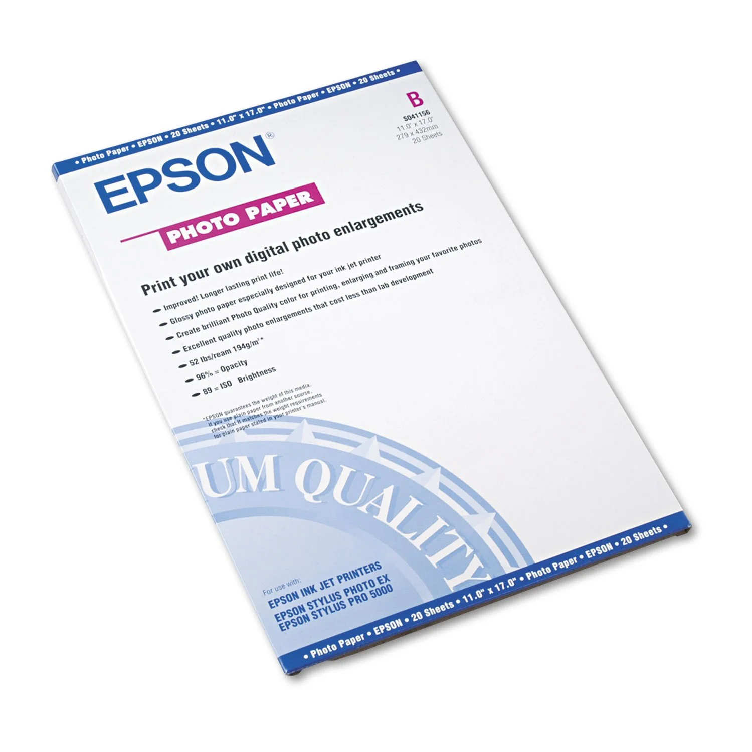 Epson S041156 Glossy Photo Paper, 11 x 17 (20 Sheets)