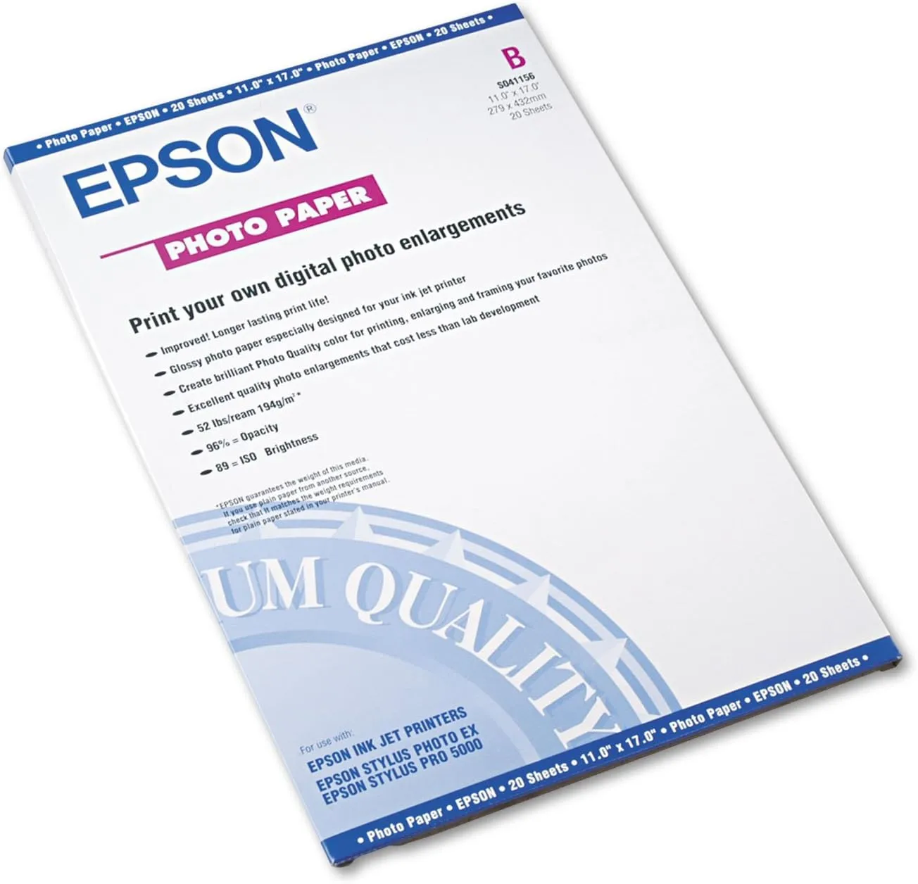 Epson S041156 Glossy Photo Paper, 11 x 17 (20 Sheets)