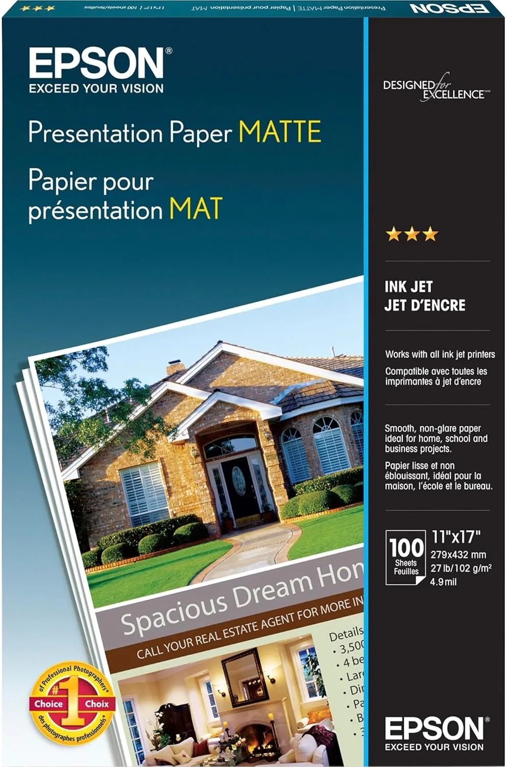 Epson Presentation Paper Matte (11 x 17 in, 100 Sheets) S041070 - White