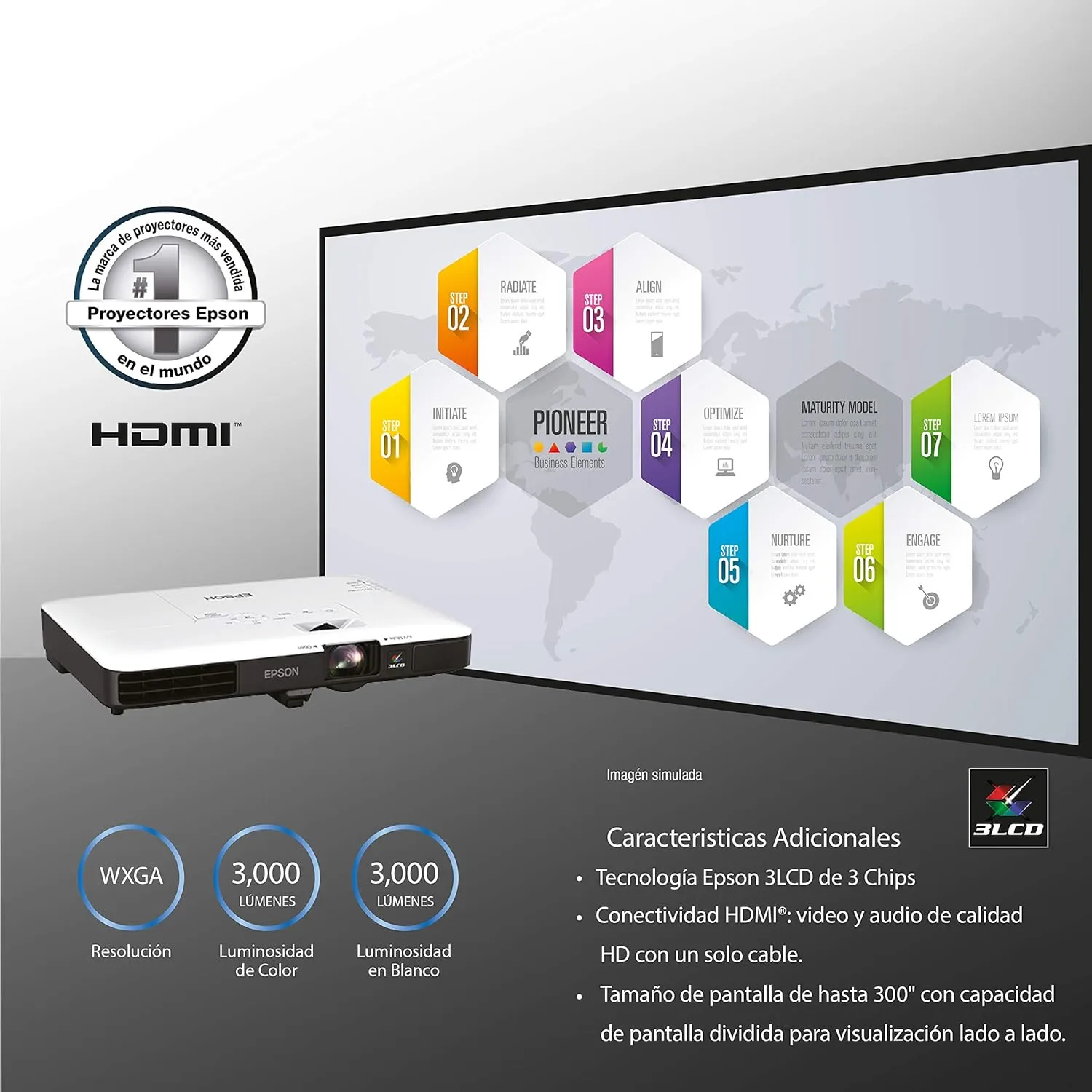 Epson PowerLite 1780W Wireless WXGA 3LCD Projector, 3,000 lm, 1280 x 800