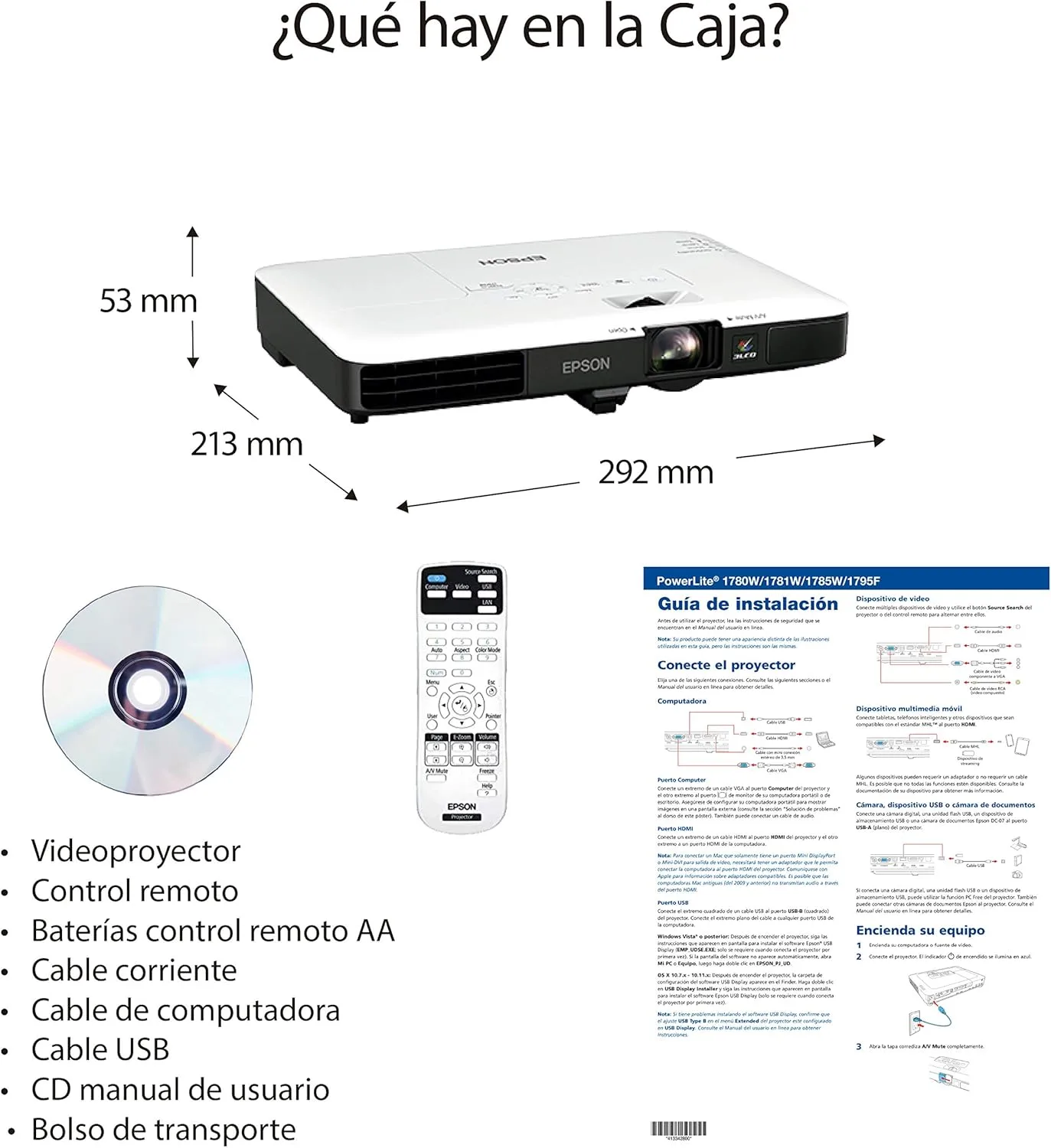 Epson PowerLite 1780W Wireless WXGA 3LCD Projector, 3,000 lm, 1280 x 800