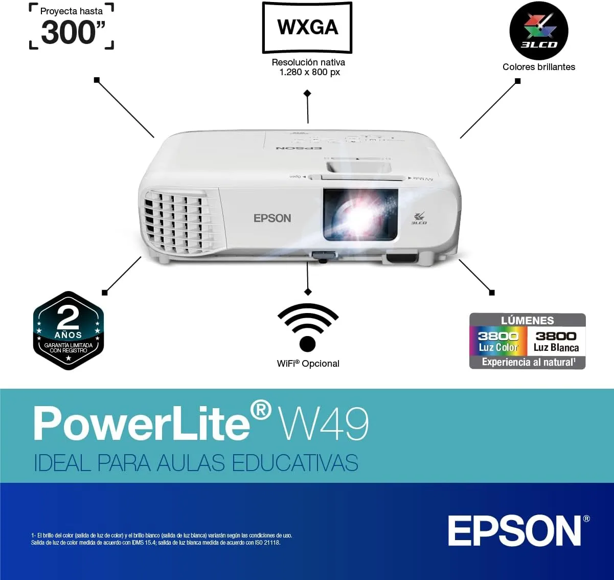 Epson PowerLite W49 LCD Projector - WXGA 1280x800 - 3800 Lumens - Ceiling Mountable