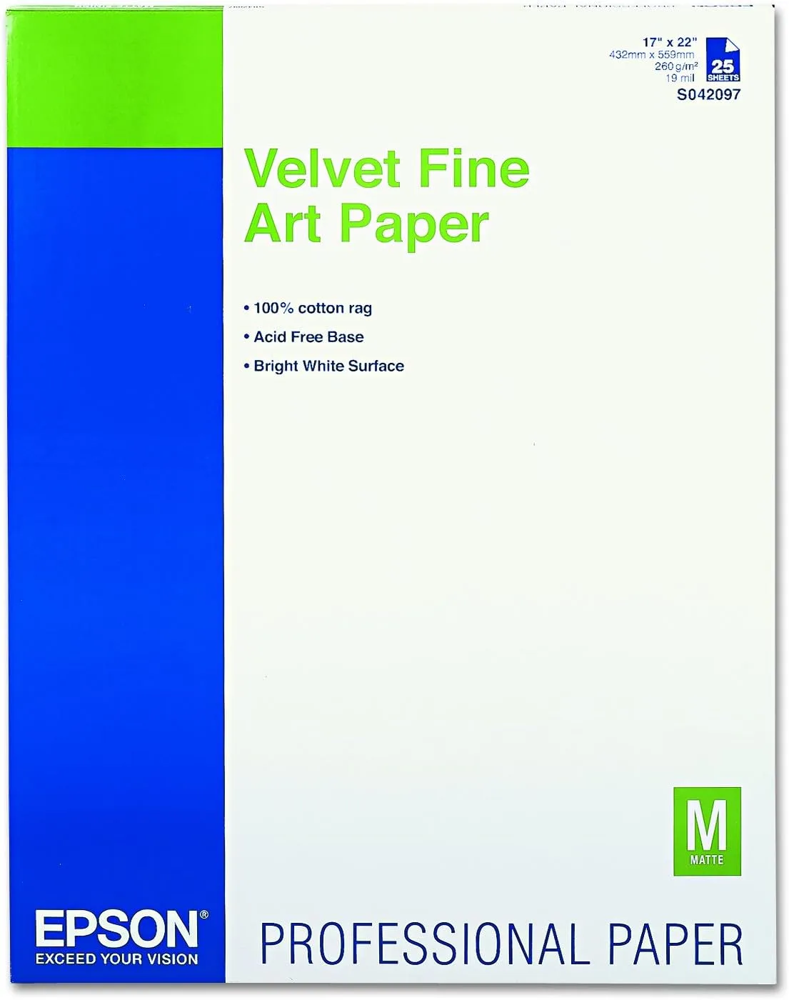 Epson S042097 Velvet Fine Art Paper, 17 x 22, White (Pack of 25 Sheets)