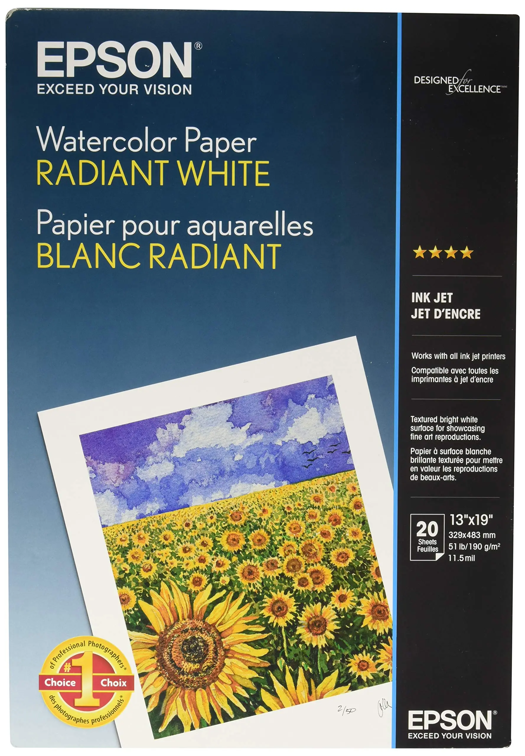 Epson Watercolor Paper Radiant, White, 13 x 19 Inches, 20 Sheets (S041351) White Super B Size