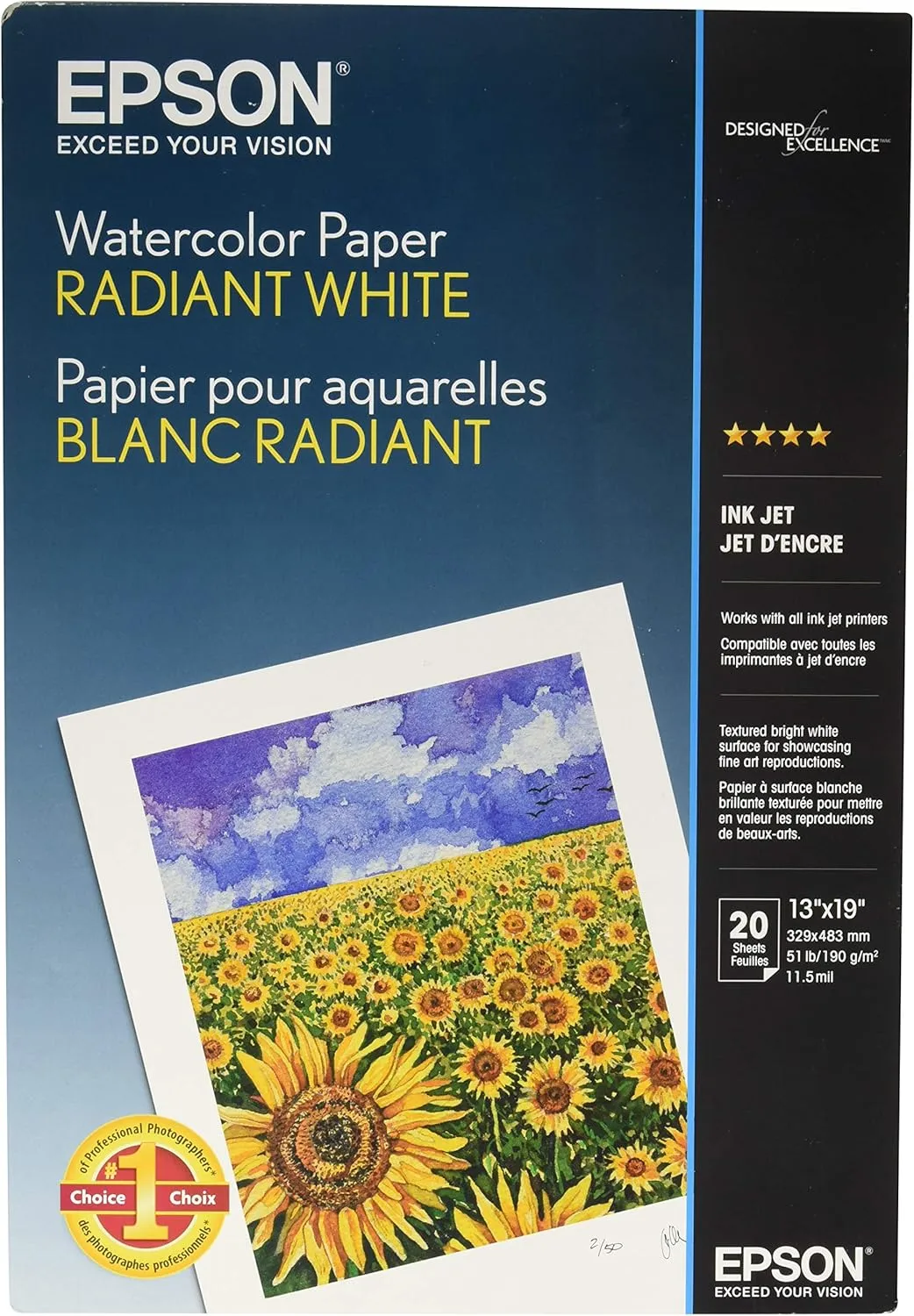 Epson Watercolor Paper Radiant, White, 13 x 19 Inches, 20 Sheets (S041351) White Super B Size