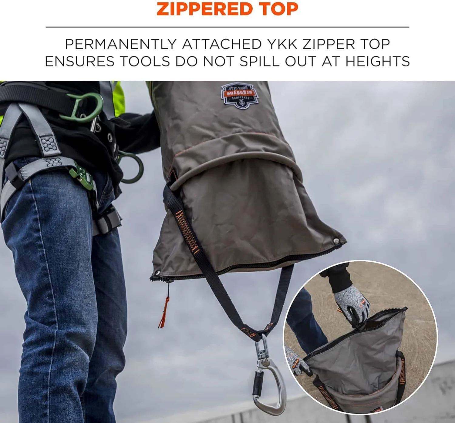 Ergodyne Arsenal 5974 Large Nylon Hoist Bucket Tool Bag - Swiveling Carabiner, Zipper Top