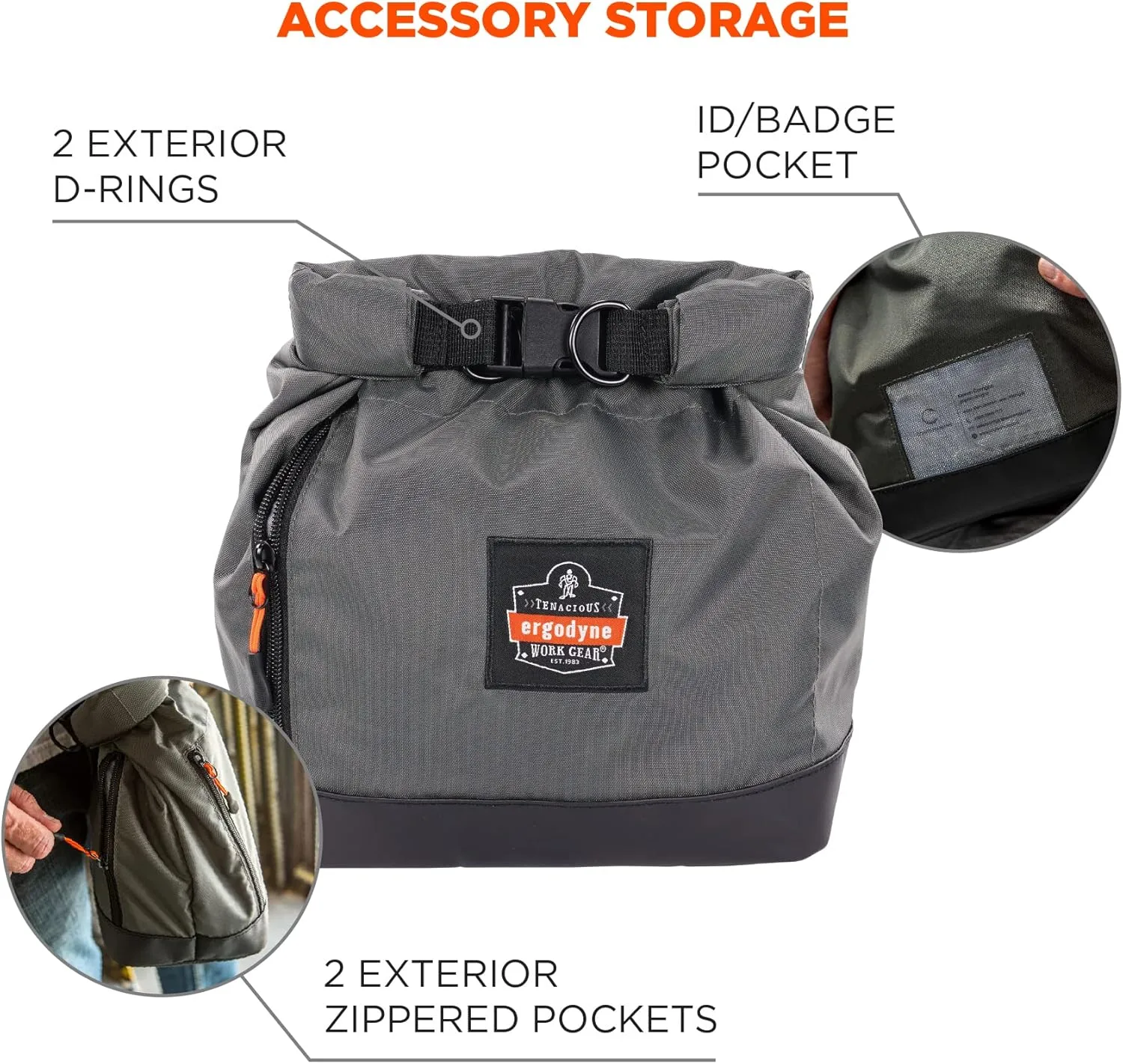 Ergodyne Arsenal 5186 Respirator Mask Storage Bag, Fits Half and Full Face Respirators, Adjustable Roll Top Closure,Gray