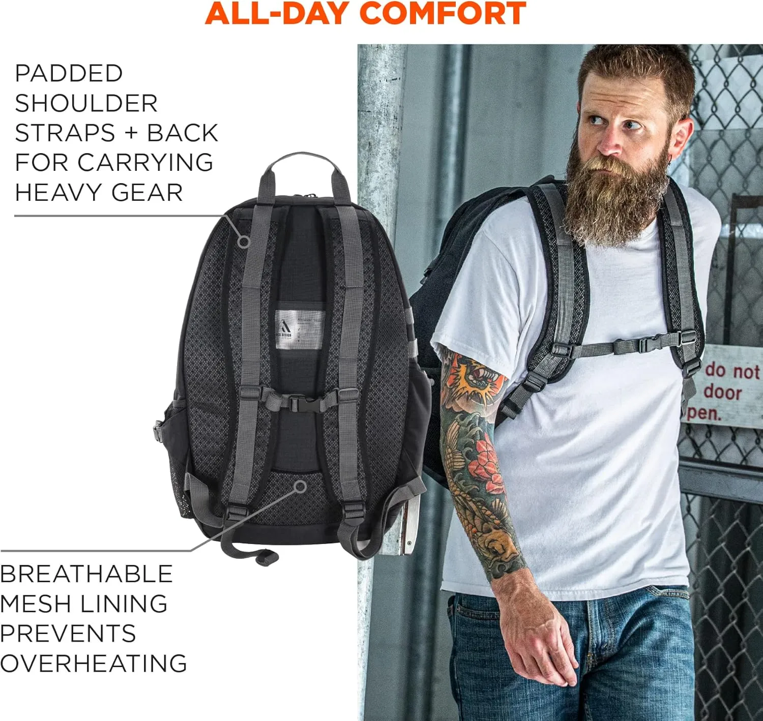 Ergodyne Arsenal 5188 Work Gear Jobsite Backpack with Hard Hat Storage, Padded Shoulder Straps, 39L Capacity,Black, Large