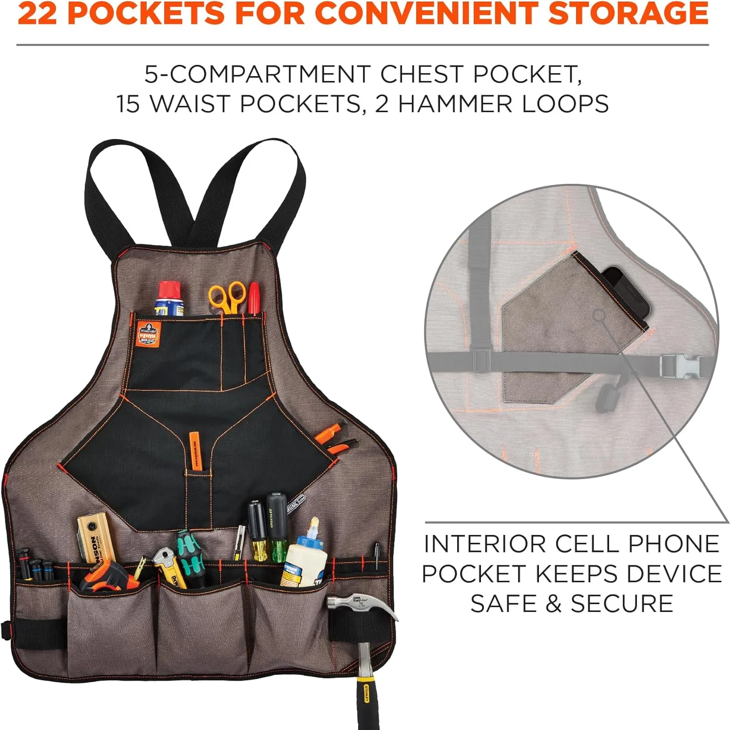 Ergodyne - 13694 Arsenal 5704 Torso Length Work Tool Apron, 22-Pockets, Gray