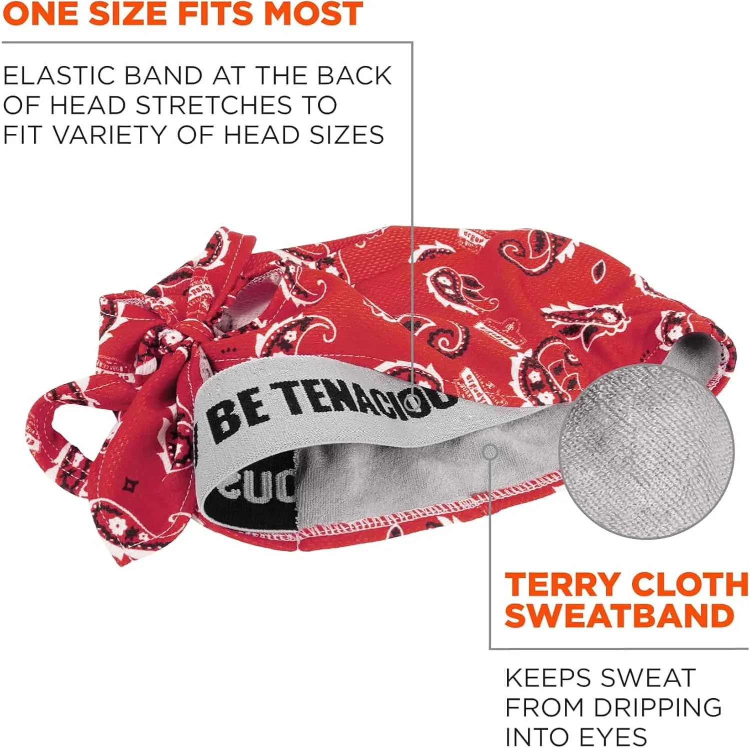 ERGODYNE Chill-Its 6615 High-Performance Bandana Doo Rag with Terry Cloth Sweatband