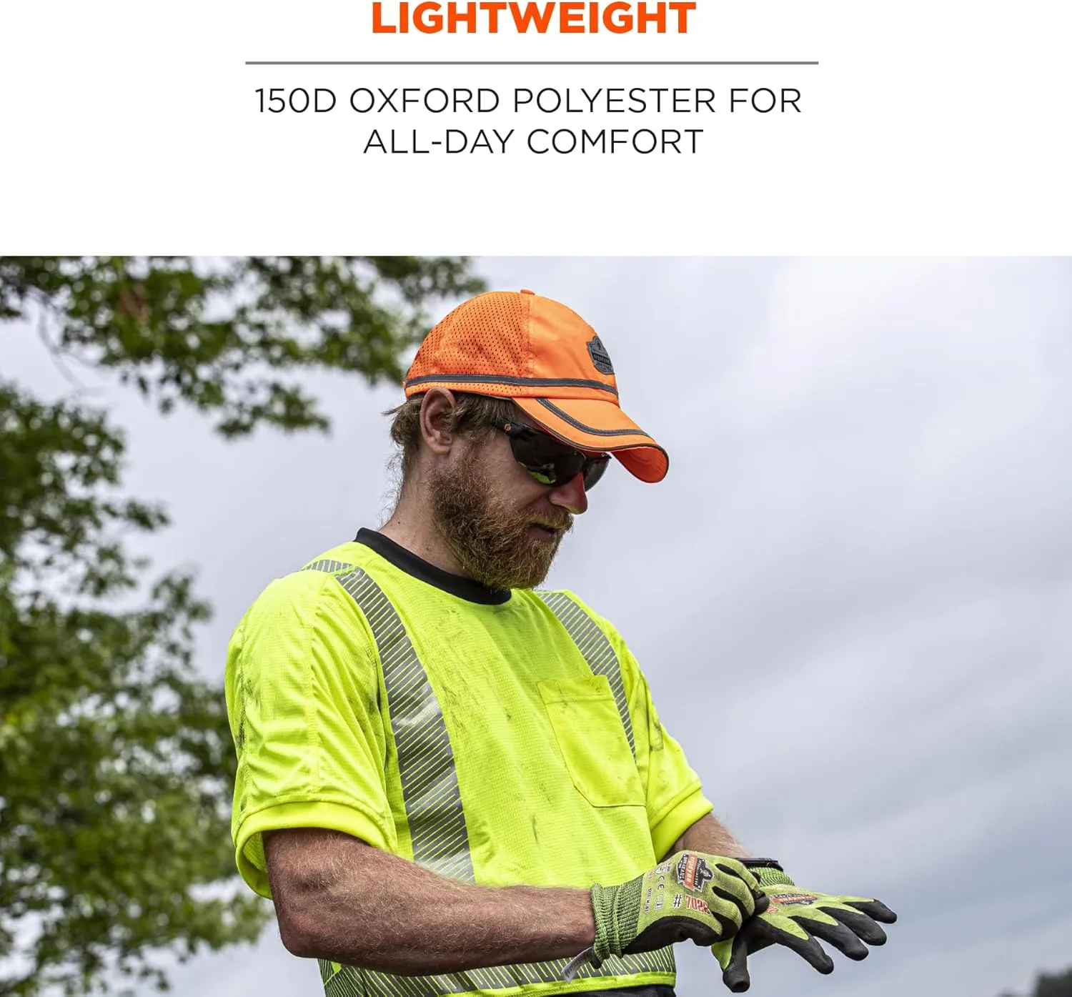 Ergodyne GloWear 8930 High Vis Baseball Hat, Breathable Mesh Paneling, Reflective Trim for Enhanced Visibility,Orange
