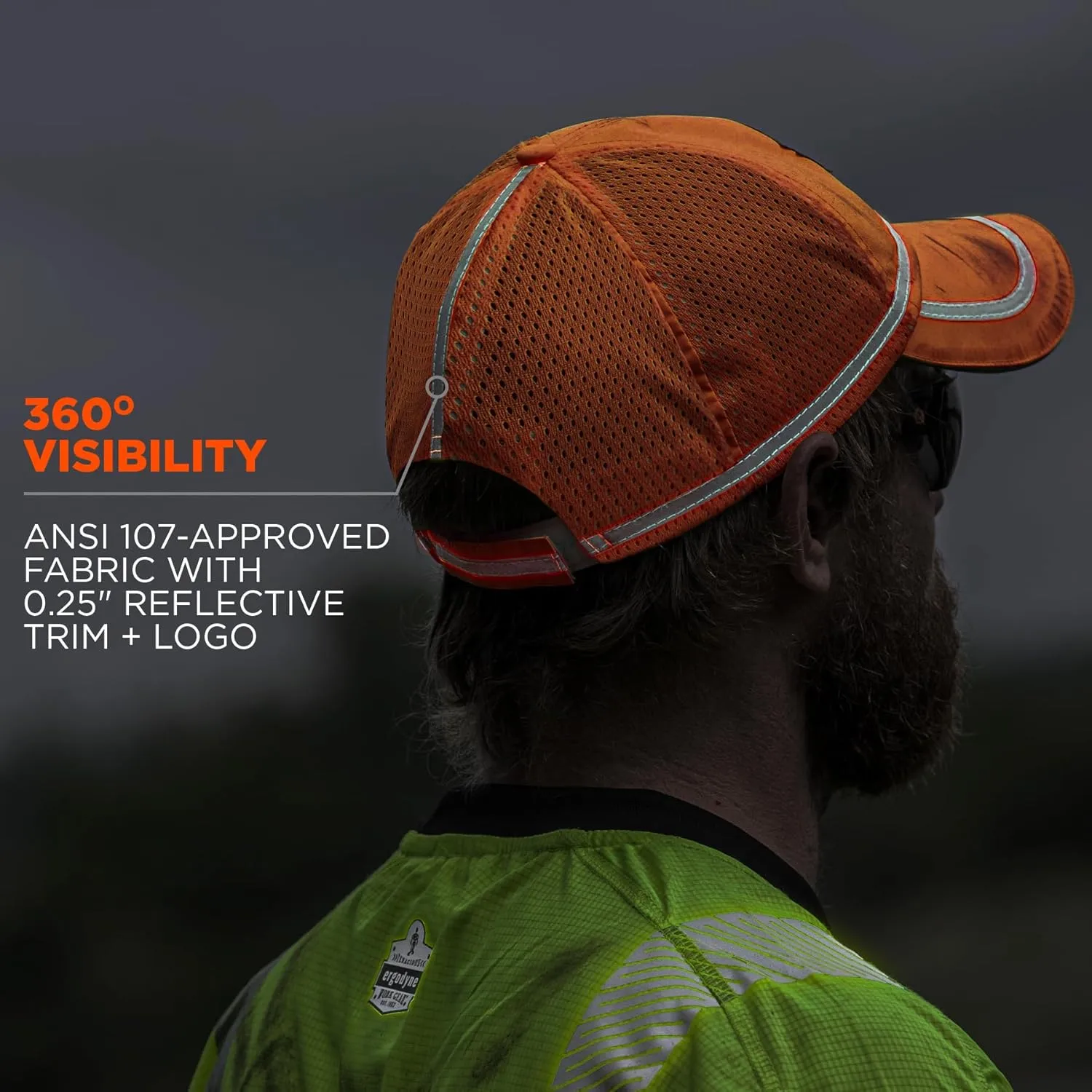 Ergodyne GloWear 8930 High Vis Baseball Hat, Breathable Mesh Paneling, Reflective Trim for Enhanced Visibility,Orange