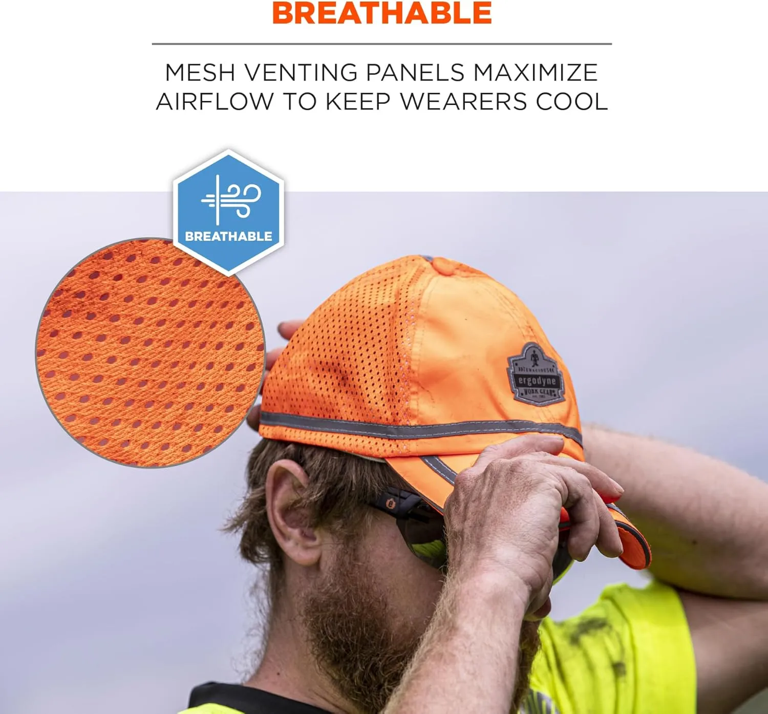 Ergodyne GloWear 8930 High Vis Baseball Hat, Breathable Mesh Paneling, Reflective Trim for Enhanced Visibility,Orange
