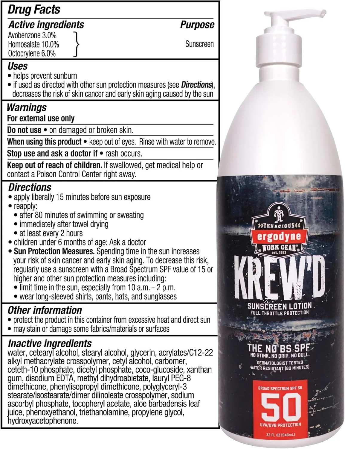 Ergodyne KREW'D SPF 50 Sunscreen Lotion, Broad Spectrum, Water-Resistant