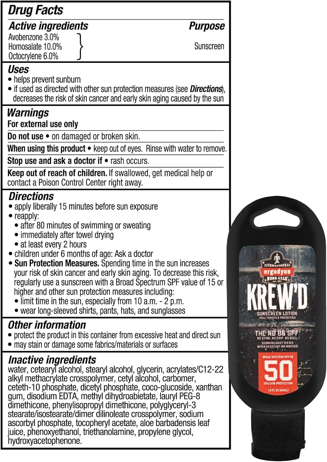 Ergodyne KREW'D SPF 50 Sunscreen Lotion, Broad Spectrum, Water-Resistant