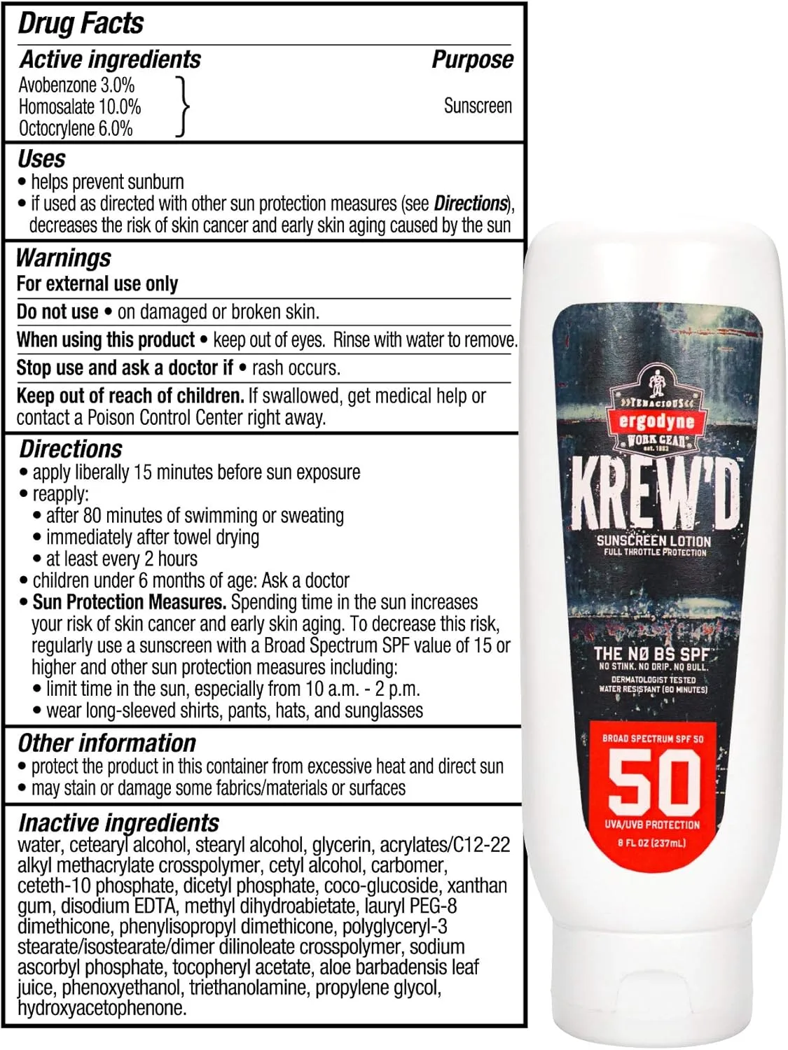 Ergodyne KREW'D SPF 50 Sunscreen Lotion, Broad Spectrum, Water-Resistant