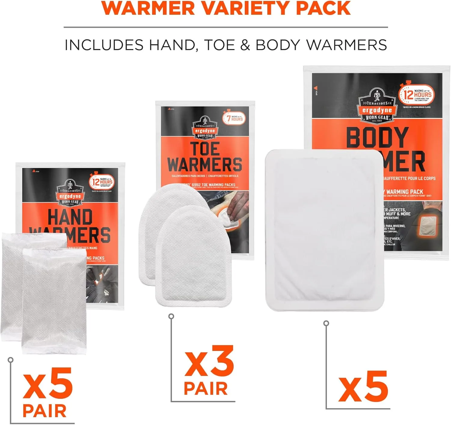 Ergodyne N-Ferno 6994 Adhesive Body, Toe, Hand Warmers Variety Pack, Disposable, Up to 12 Hours of Warming