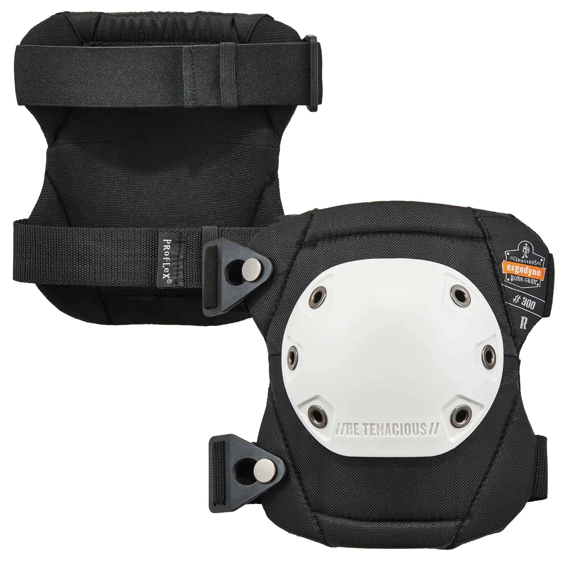 Ergodyne ProFlex 300 Rounded Cap Knee Pads, White Cap, Buckle Closure (Pair)
