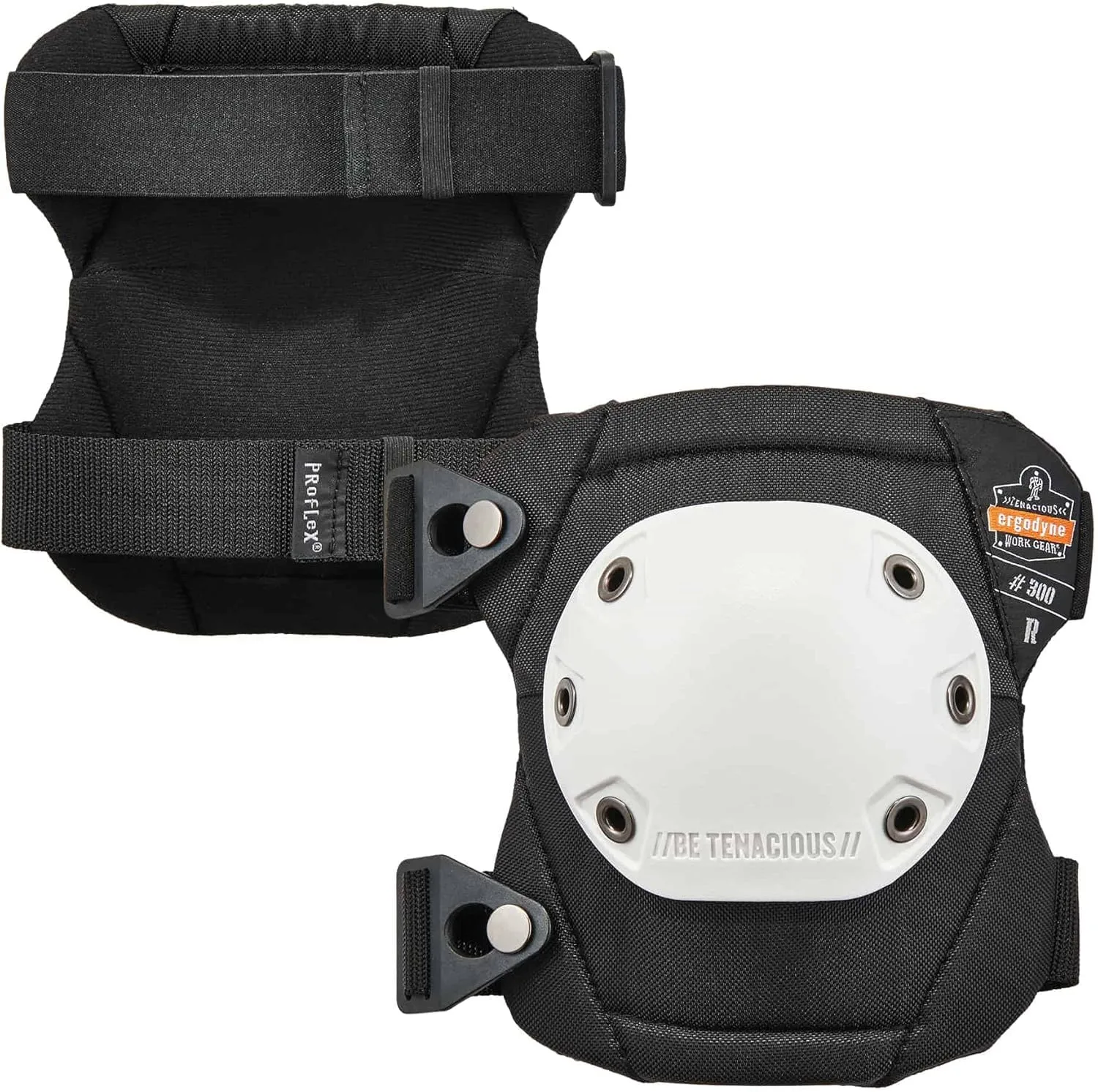 Ergodyne ProFlex 300 Rounded Cap Knee Pads, White Cap, Buckle Closure (Pair)