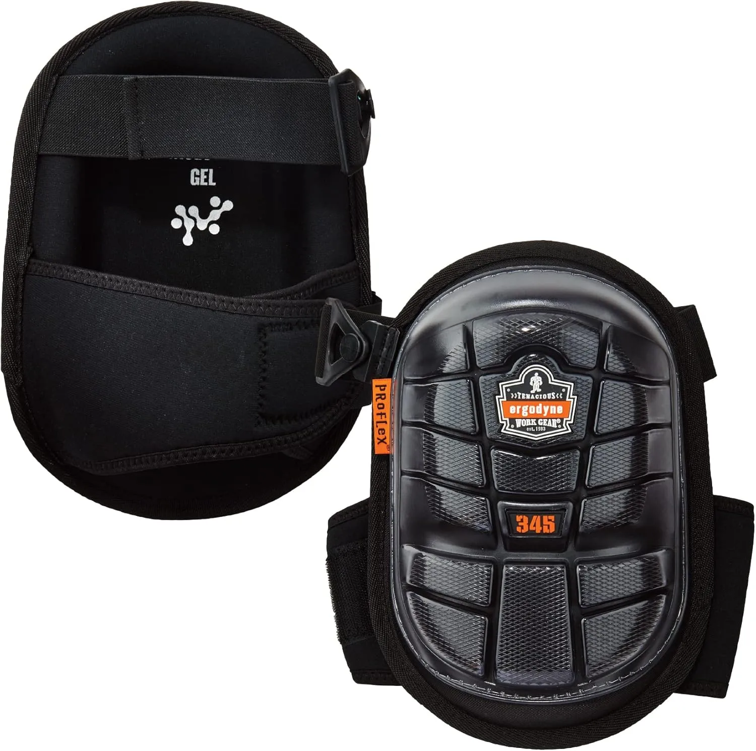 Ergodyne ProFlex 345 Professional Knee Pads, Protective Long Cap, Injected Gel Padded Technology, Adjustable Straps, Black