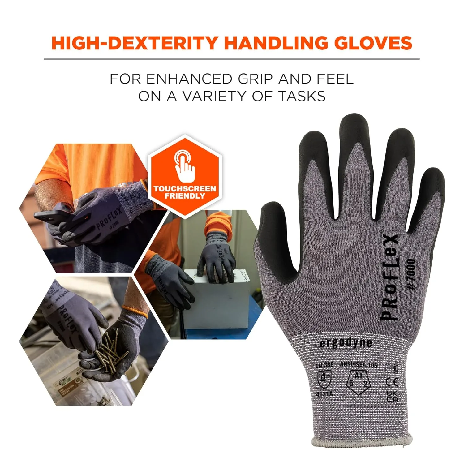 Ergodyne ProFlex 7000 Nitrile-Coated Gloves, Microfoam Palm, Gray, Medium, 12 Pairs
