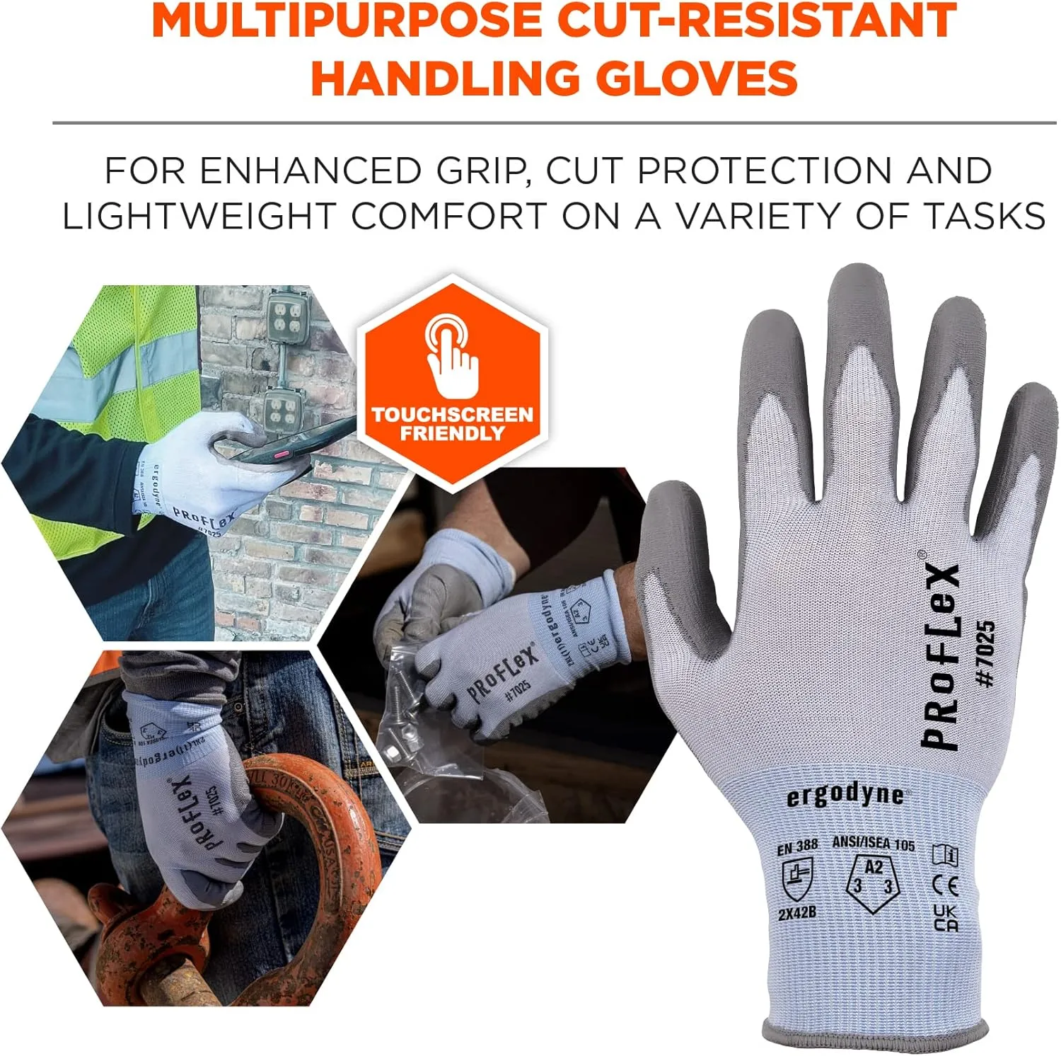 Ergodyne ProFlex 7025 Cut Resistant Work Gloves, PU Coated