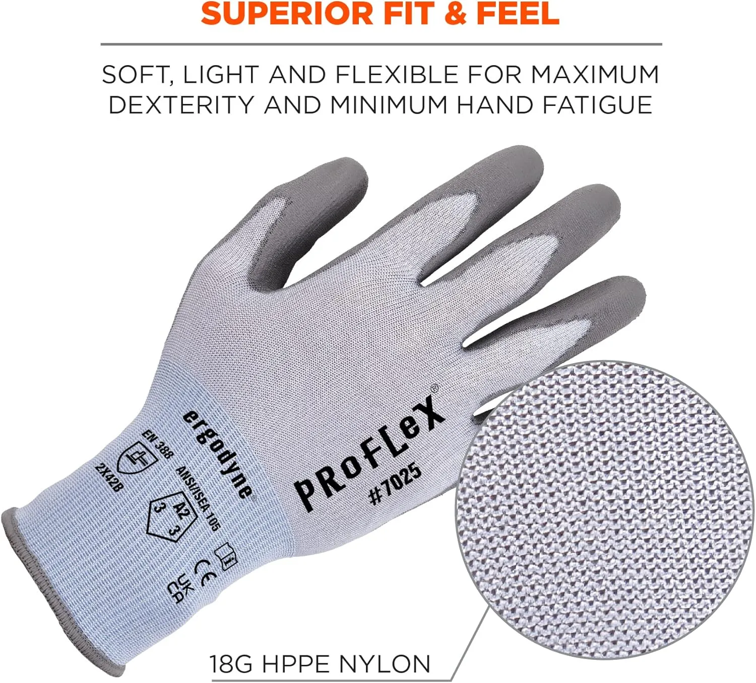 Ergodyne ProFlex 7025 Cut Resistant Work Gloves, PU Coated
