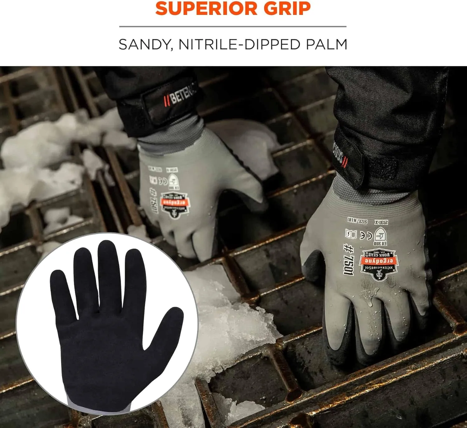 Ergodyne ProFlex 7501 Coated Waterproof Winter Work Gloves, Sandy Nitrile Coated Palms, Thermal Fleece Lining